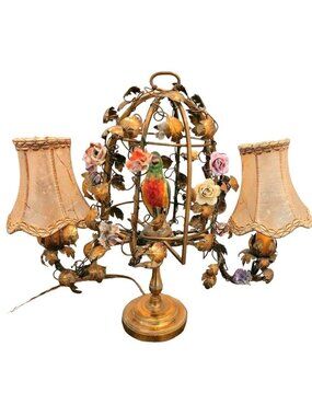 Antique French Tole 2 Arm Candelabra Bird Cage Lamp With Porcelain Flowers & Sil